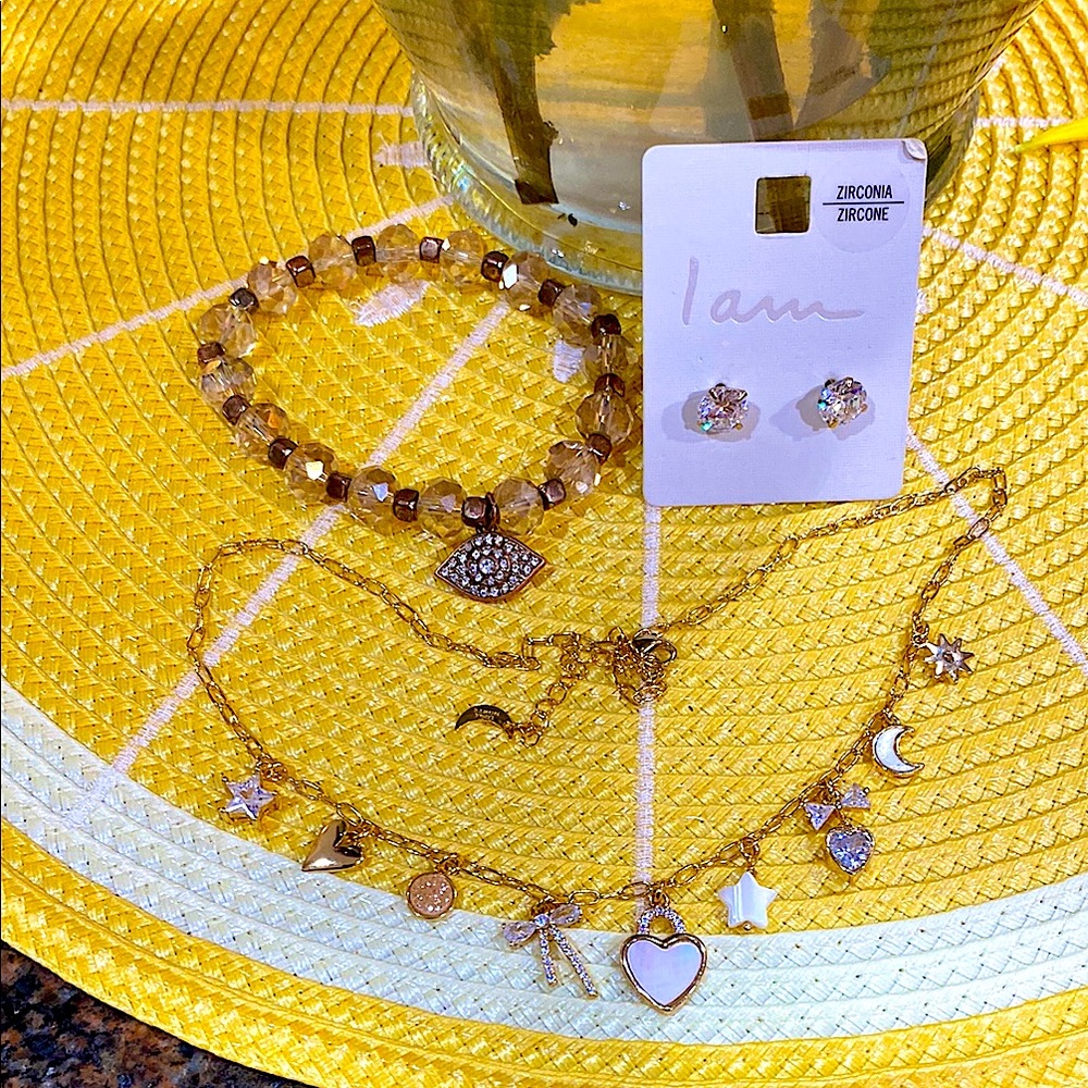 Gold Charm Necklace with White Accents& a FREE bracelet or pair of earrings :)